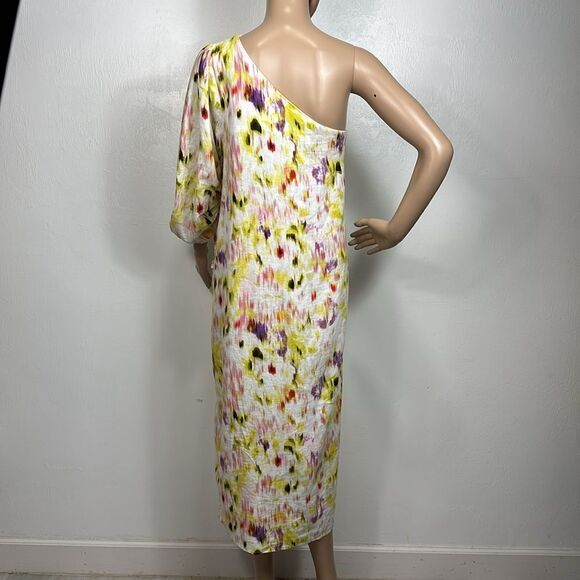 Future Collective Linen Blend Watercolor One Shoulder Midi Dress Size M - Picture 3 of 7
